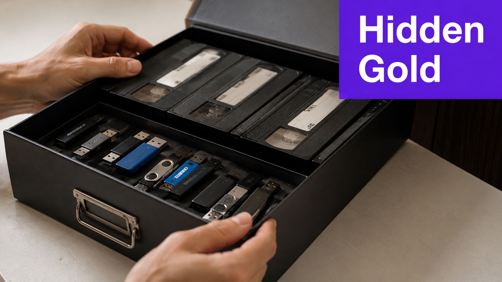 A person organizing a black box filled with old VHS tapes and various USB flash drives.