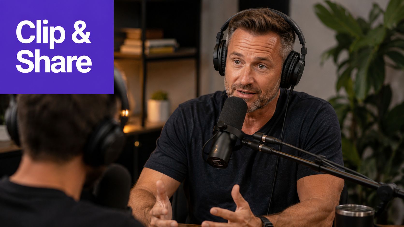 A man wearing headphones speaks into a professional microphone during a podcast recording session in a studio.