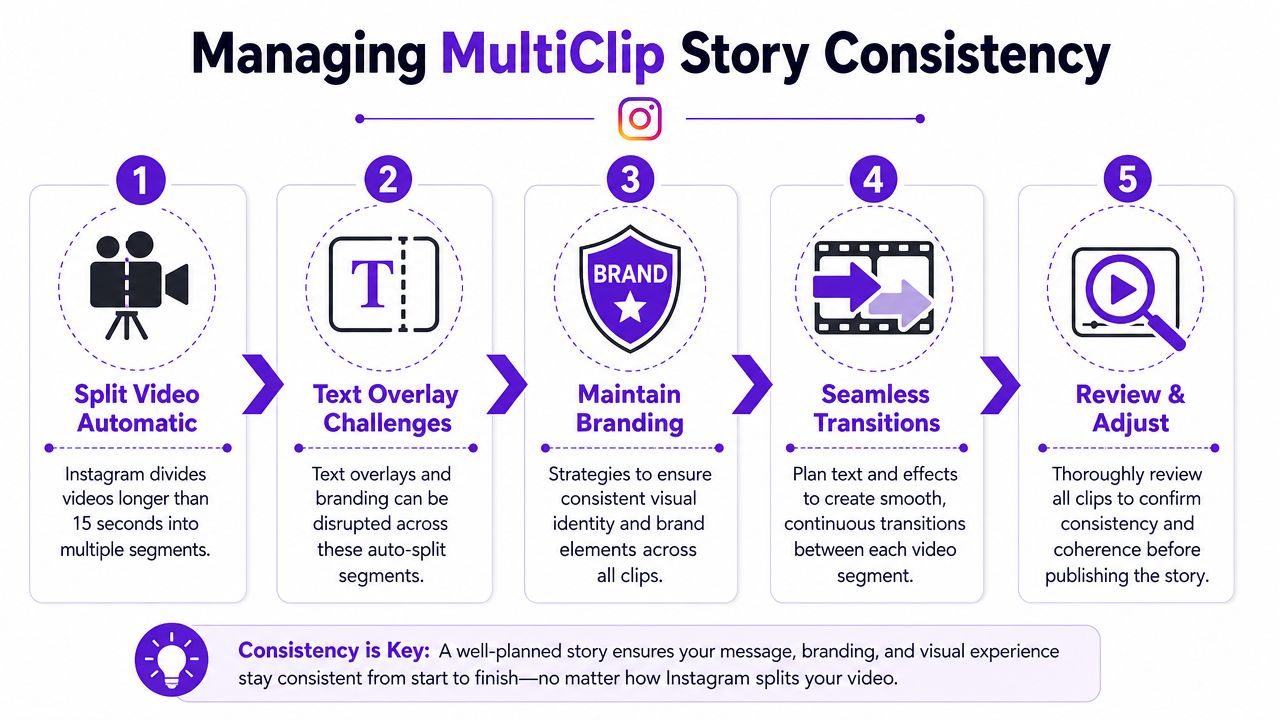 A step-by-step infographic titled Managing MultiClip Story Consistency, explaining how to maintain professional Instagram Stories.