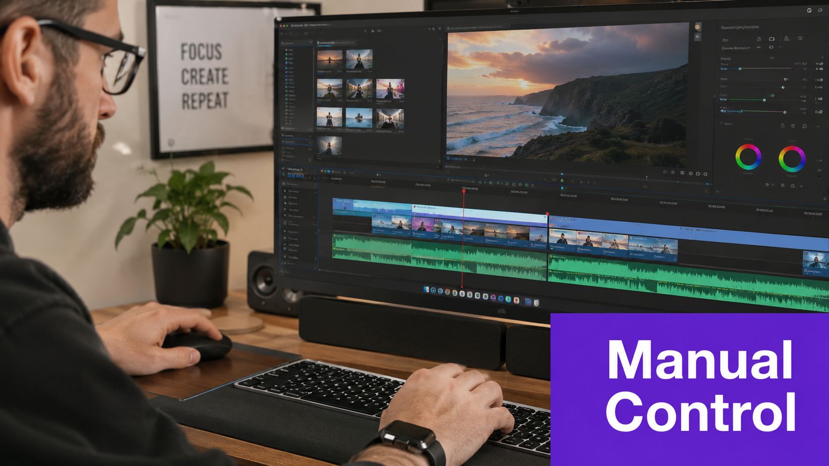 A professional video editor working on a high-resolution ultrawide monitor displaying complex video editing software at home.