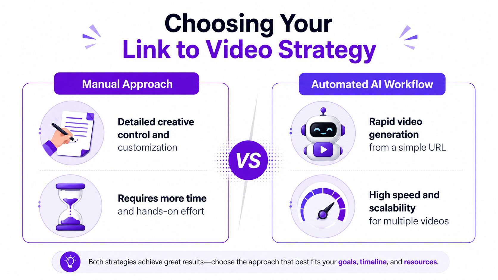 A comparison infographic between manual and automated AI workflows for creating videos from links.