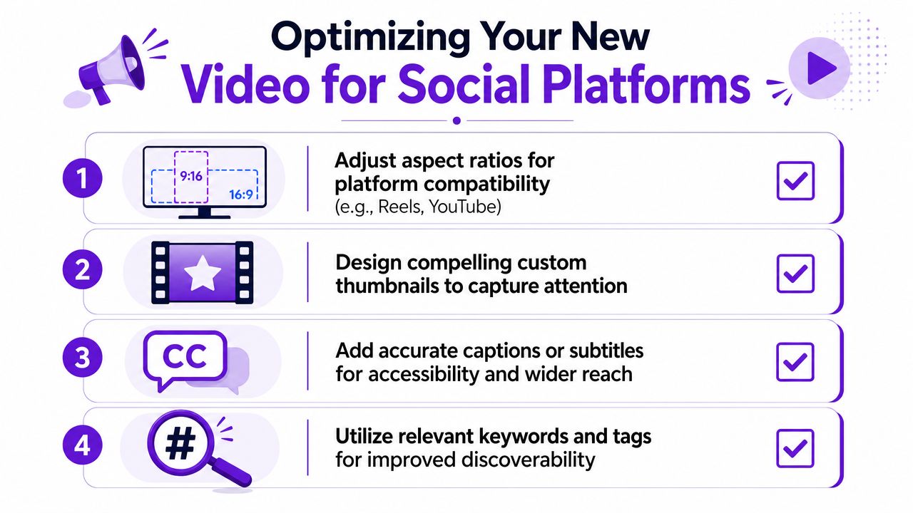 An infographic titled Optimizing Your New Video for Social Platforms with four steps for content optimization.