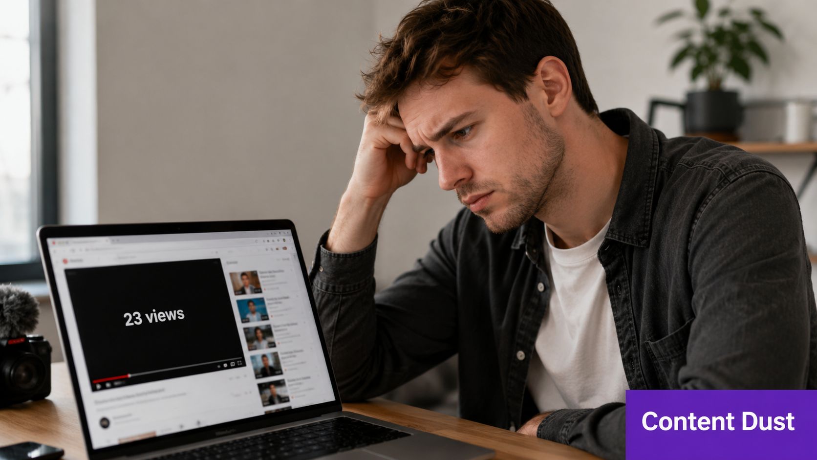A frustrated content creator looking at a laptop screen displaying a video with only 23 views.