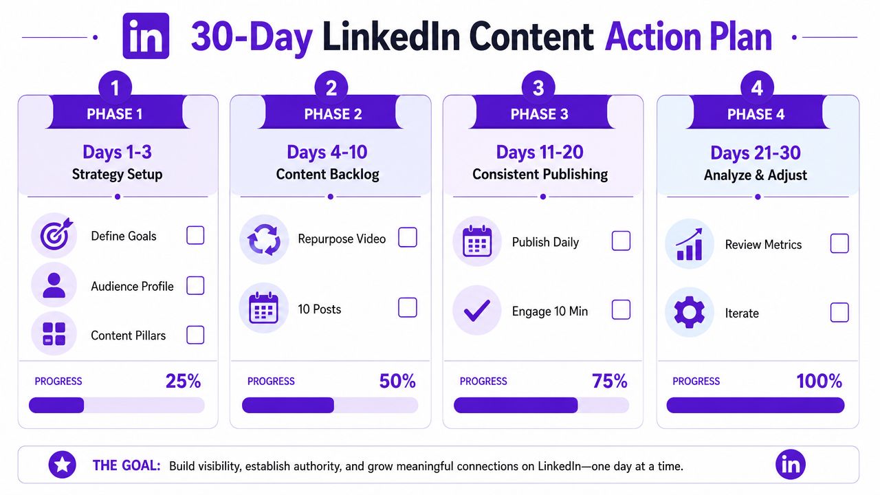 A four-phase infographic outlining a thirty-day action plan for building a successful LinkedIn content strategy.