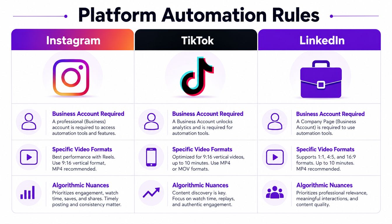 A comparison chart outlining automation rules for posting content on Instagram, TikTok, and LinkedIn social platforms.