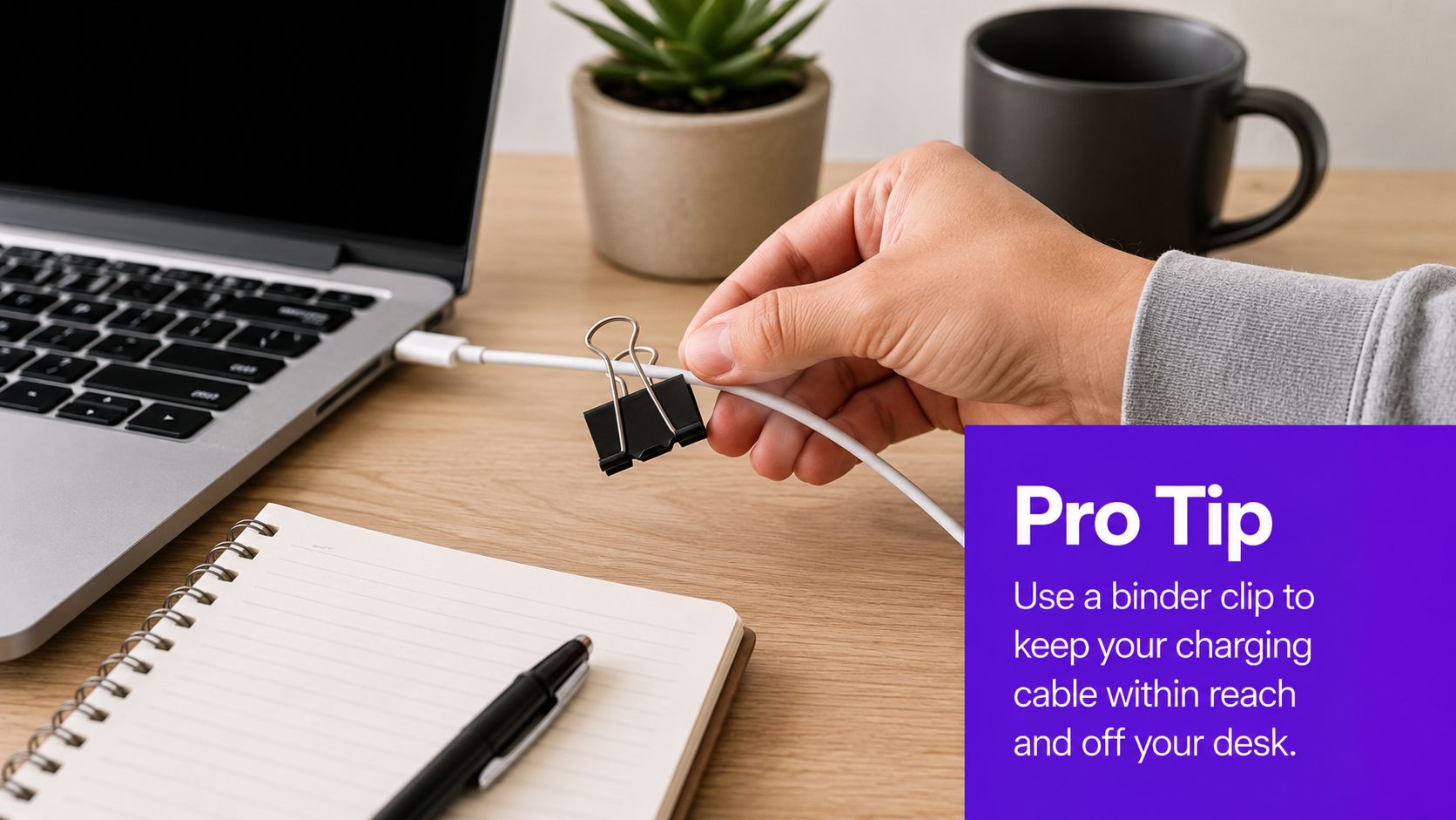 A hand attaches a black binder clip to a charging cable to keep it organized on a desk.