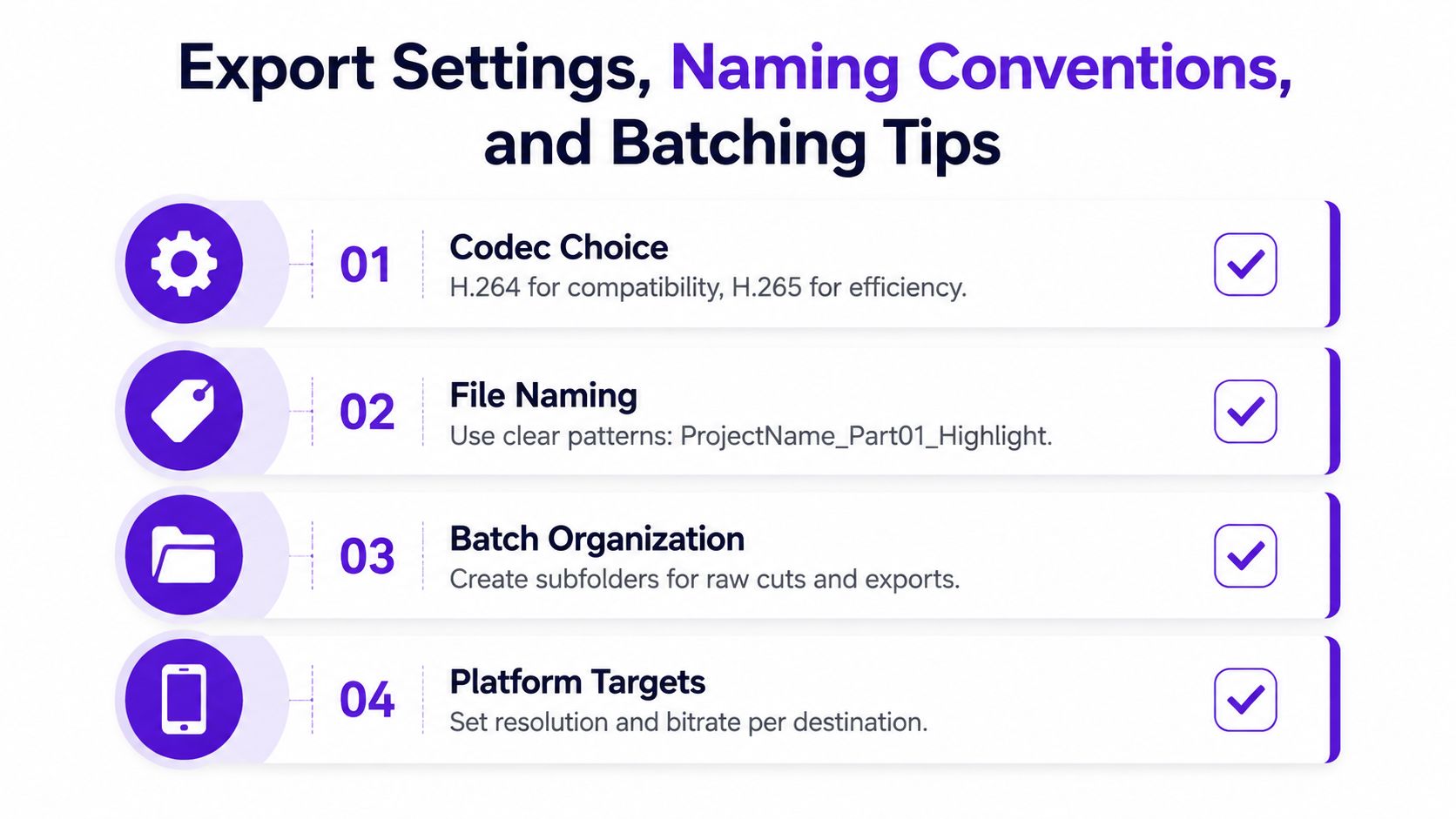 A professional guide listing four essential tips for video export settings, file naming, and batch organization.