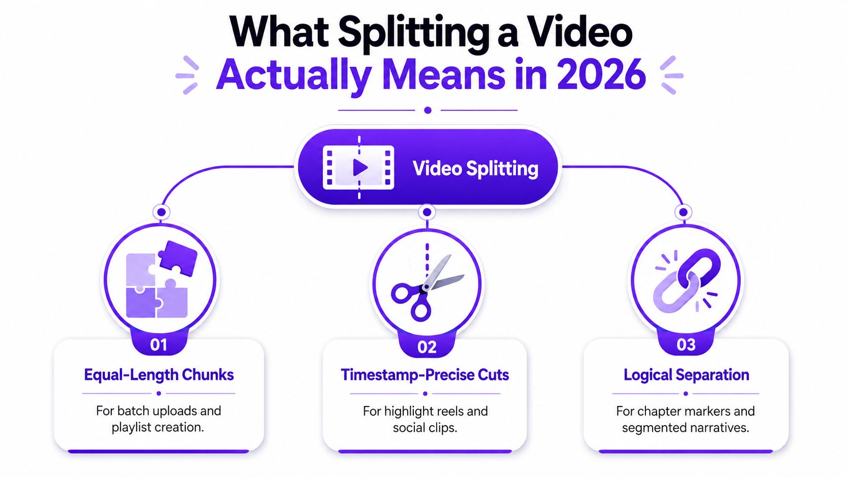 An infographic illustrating three modern methods for splitting videos: equal-length chunks, timestamp-precise cuts, and logical separation.