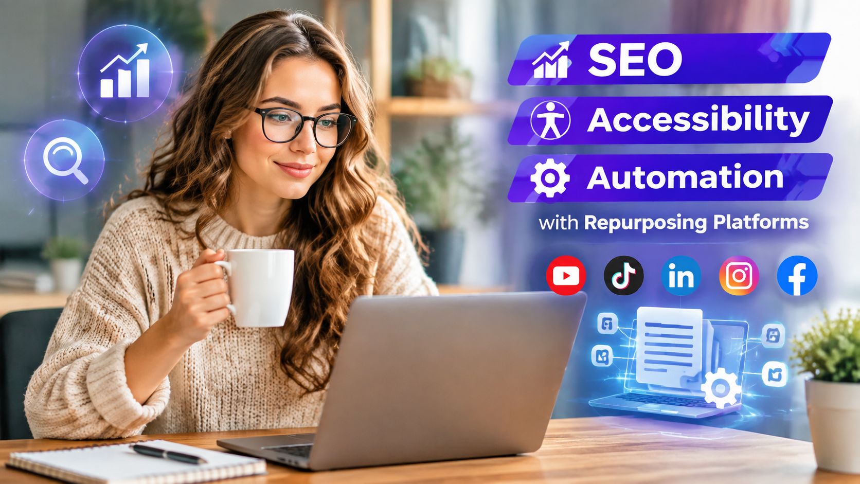 A woman working on a laptop with digital icons representing SEO, accessibility, and content automation strategies.