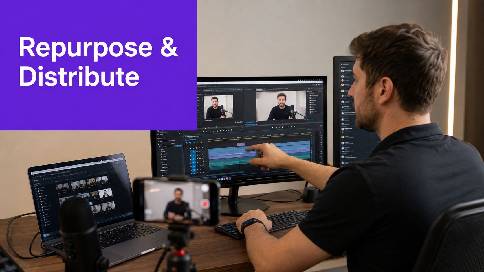 A professional video editor working at a desk with multiple monitors and a microphone for podcast production.