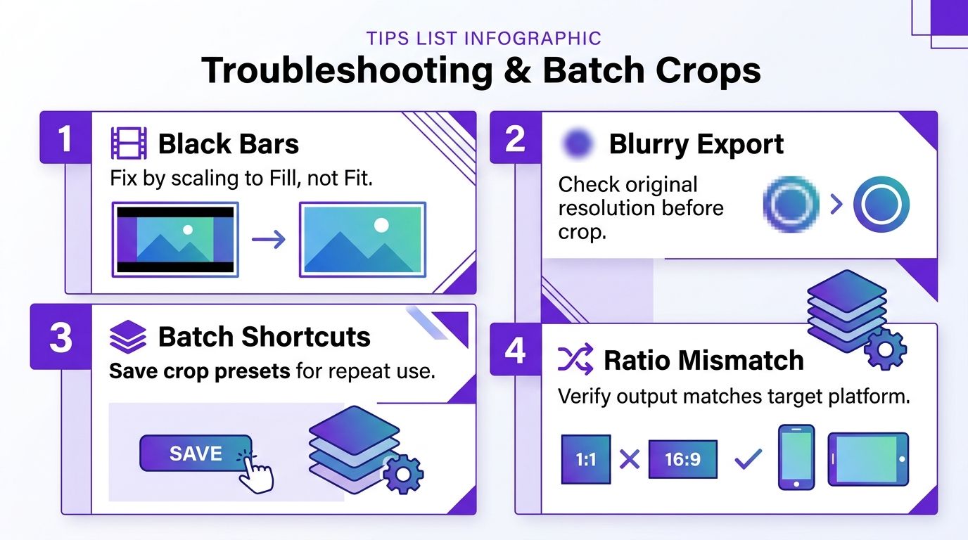 An infographic titled Troubleshooting and Batch Crops detailing common video editing issues like black bars and blurriness.
