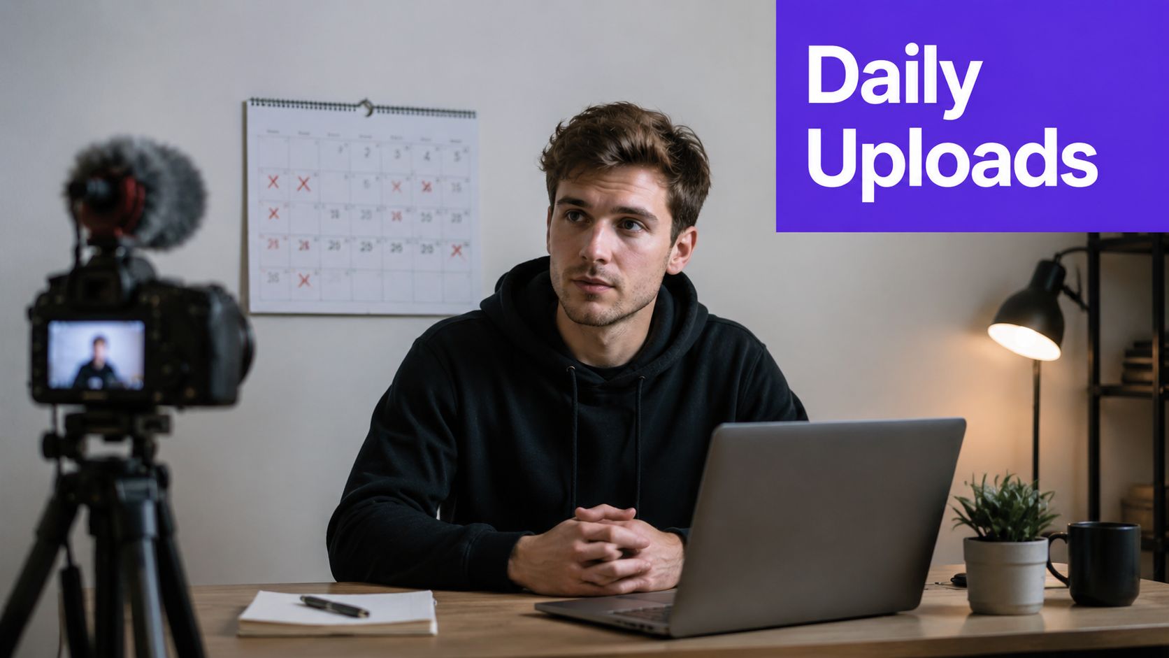 A young content creator sitting at a desk with a laptop, camera, and calendar preparing for YouTube videos.