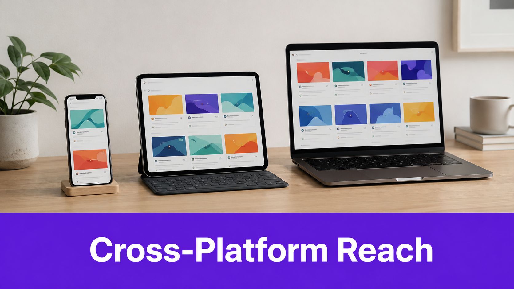 A smartphone, tablet, and laptop displaying a consistent user interface on a desk, illustrating cross-platform reach.