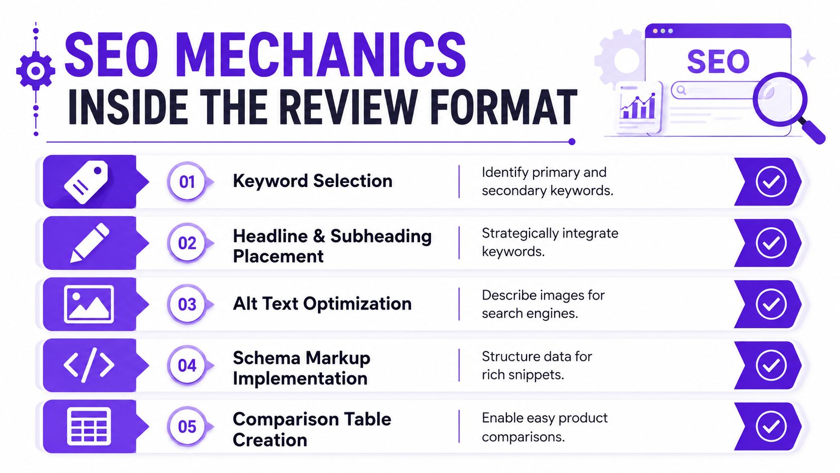 An infographic detailing SEO mechanics for product reviews including keywords, headers, images, schema, and comparison tables.
