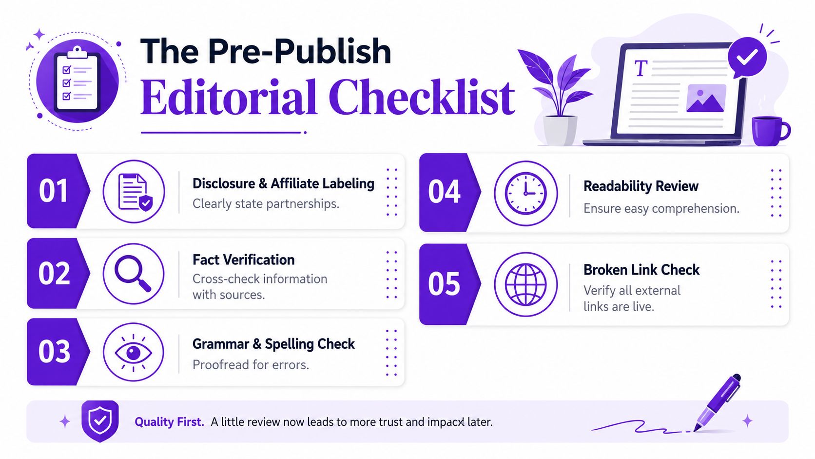 An infographic titled The Pre-Publish Editorial Checklist featuring five numbered steps for verifying content quality before publication.