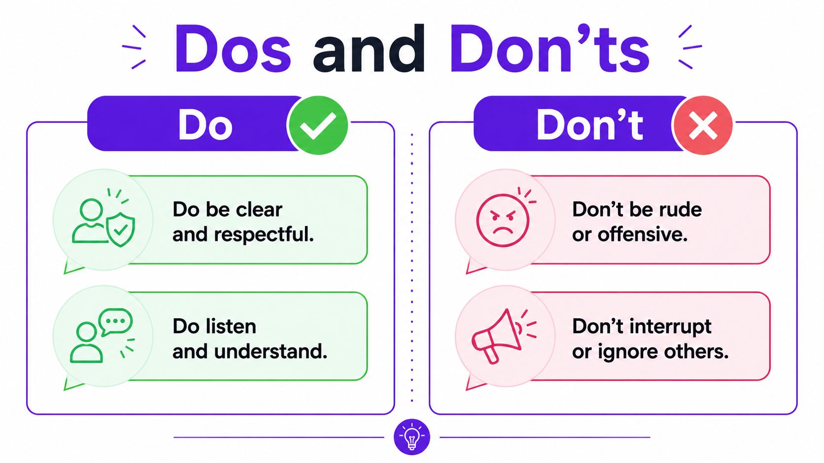 A visual guide contrasting respectful communication tips, featuring dos for clarity and listening versus donts for rudeness.
