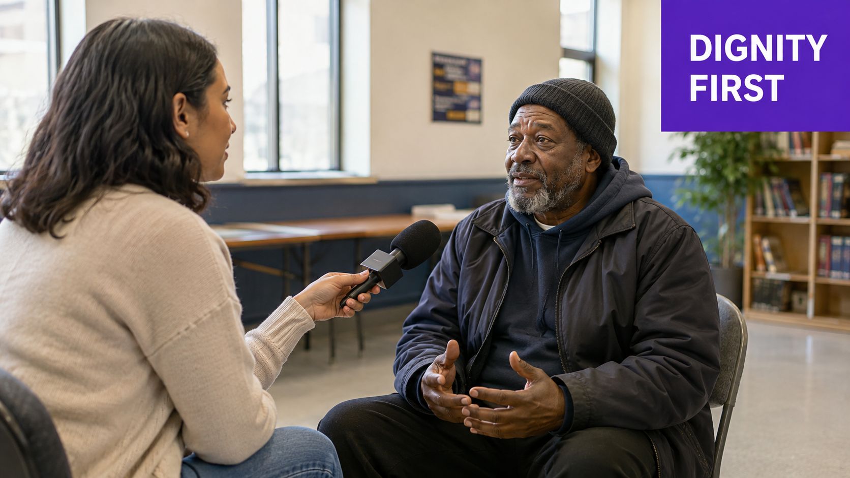 A woman interviewing an older man with a microphone inside a community center or classroom setting.