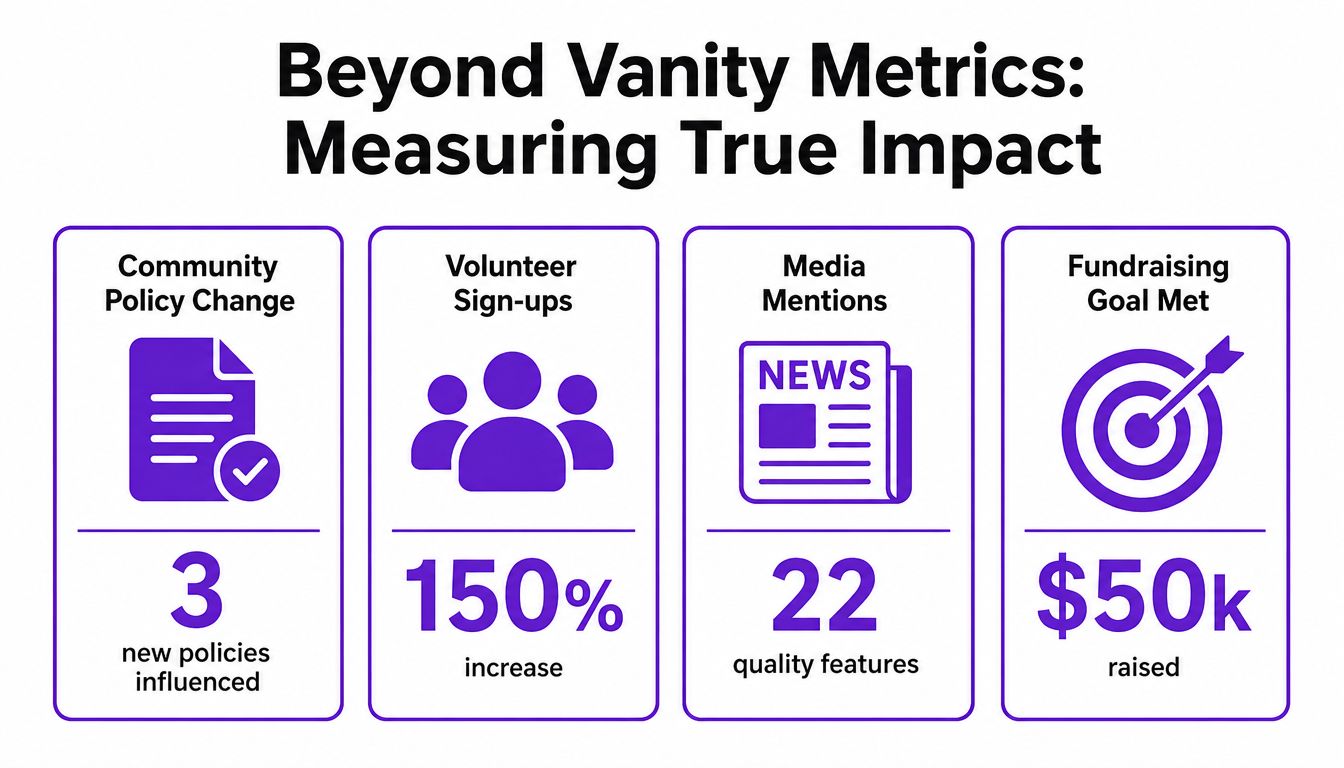 An infographic titled Beyond Vanity Metrics displaying four impact measurement categories with statistics and icons.