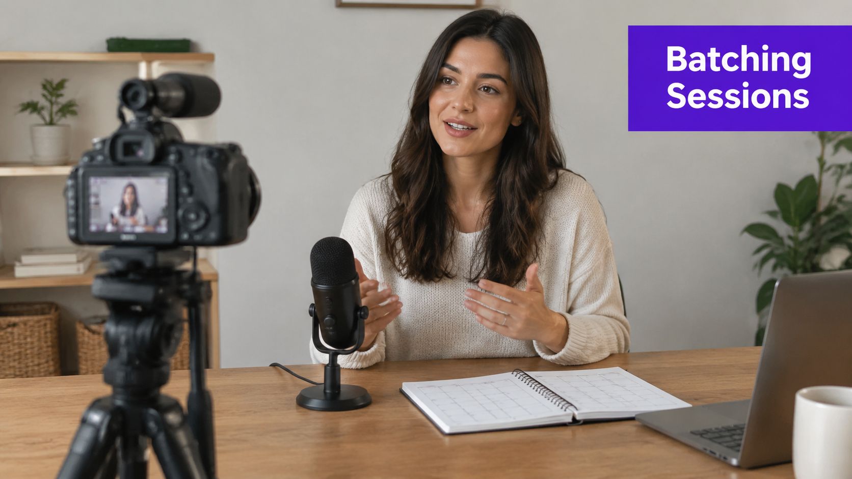 A young woman sits at a desk recording a video with a camera, microphone, and content calendar.