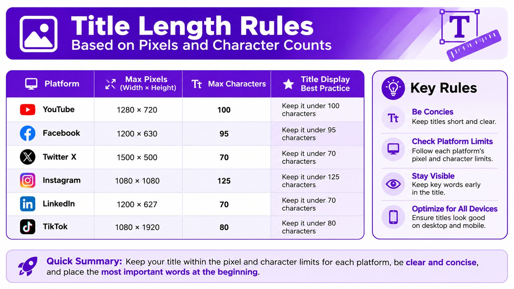 A chart detailing recommended title lengths in pixels and character counts for various social media platforms.