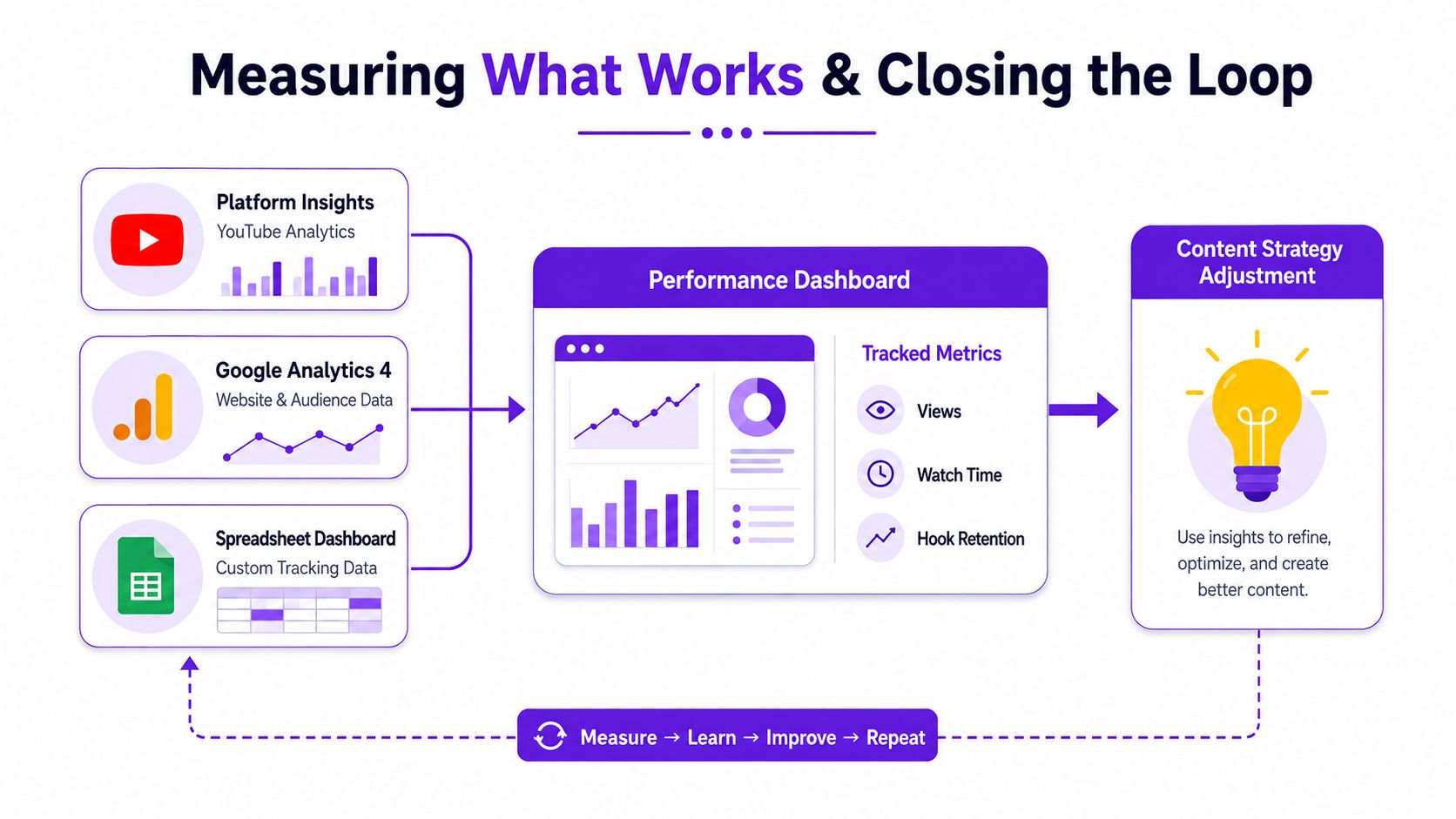 A diagram illustrating a workflow for measuring, analyzing, and improving video content creation strategy using performance dashboards.