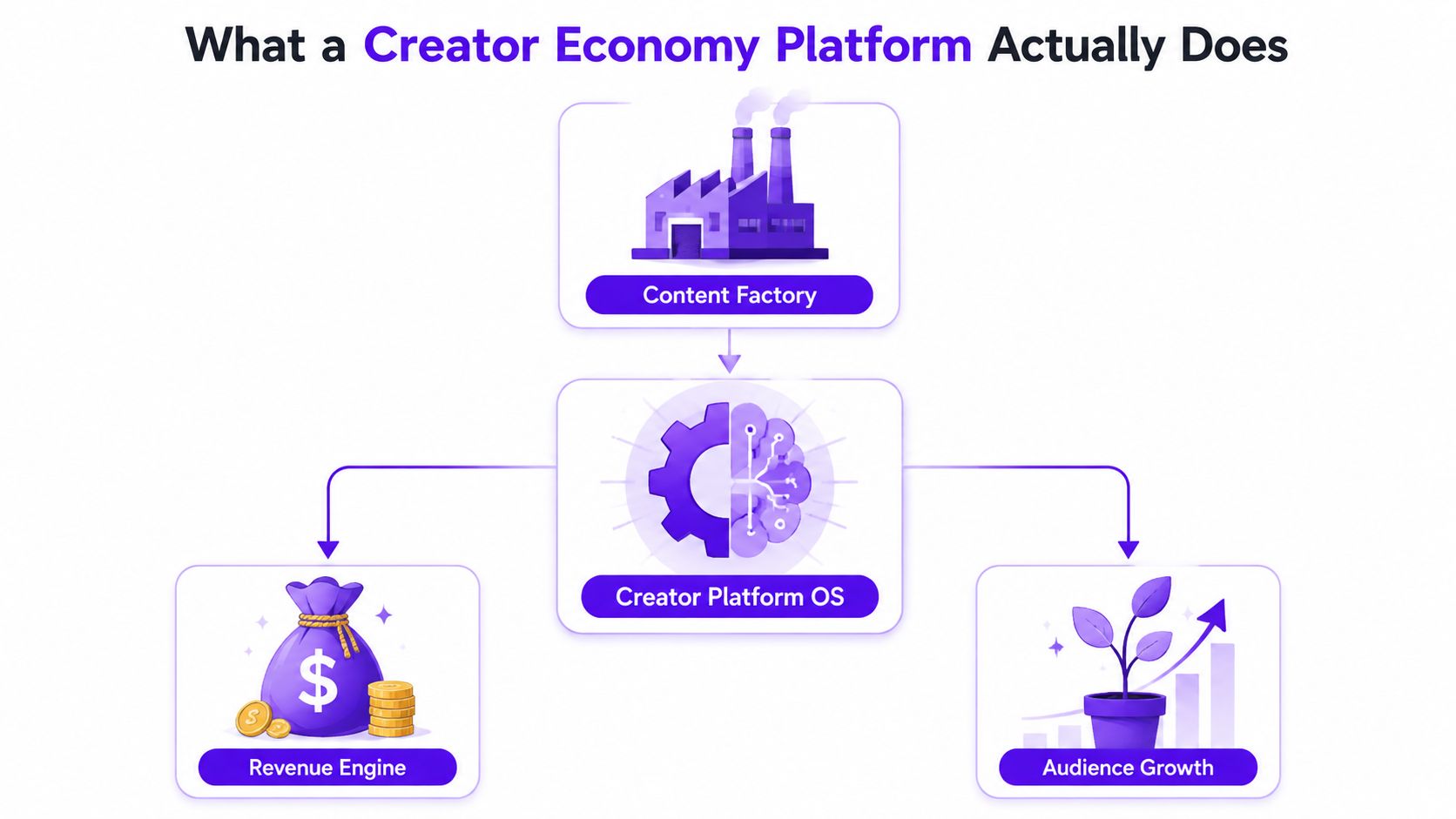 A diagram illustrating how a creator economy platform integrates content, revenue, and audience growth strategies.