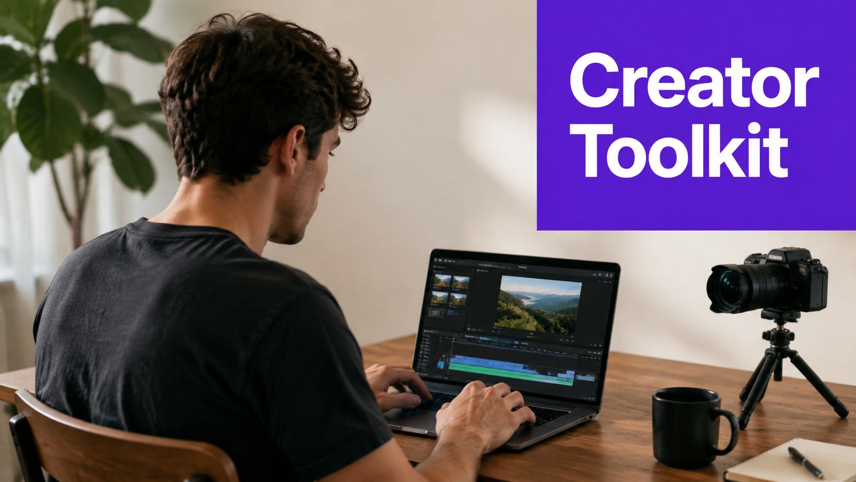 A young content creator editing video footage on a laptop while sitting at a desk.