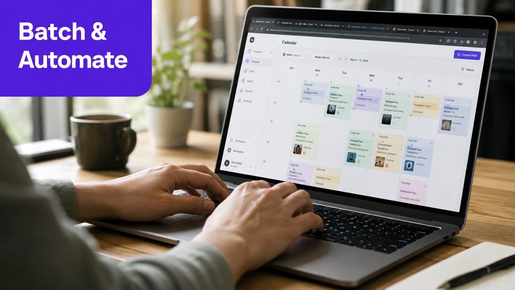 A person using a laptop to manage social media posts on a digital content calendar interface.