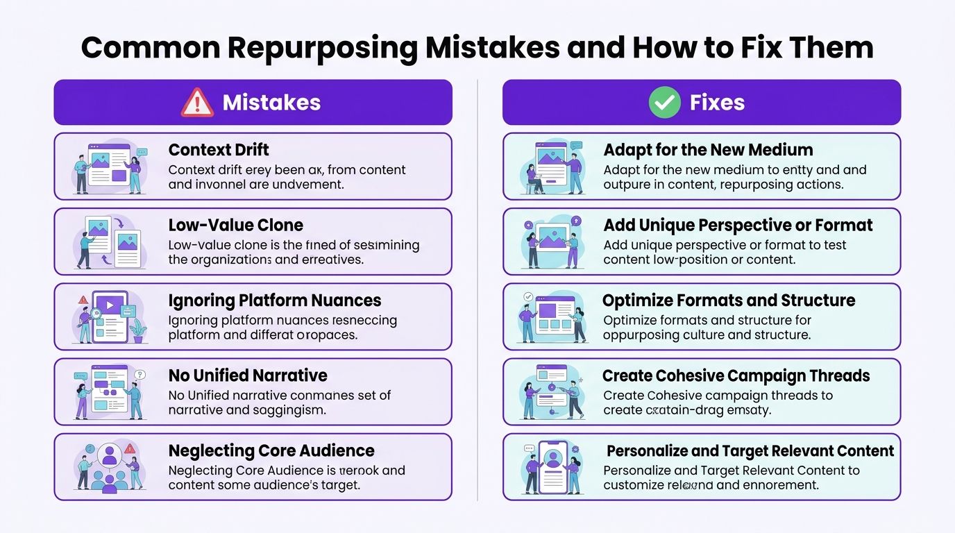 An infographic showing common content repurposing mistakes on the left and their corresponding effective fixes on the right.