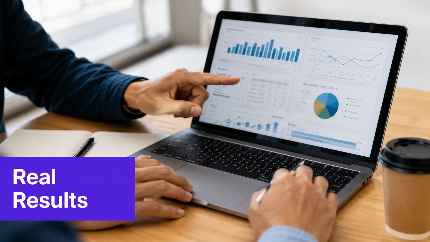 A professional analyzing data charts and business metrics on a laptop screen with a coffee cup nearby.