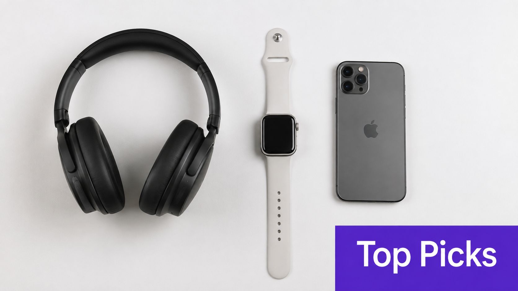 A top-down view of black wireless headphones, a white smartwatch, and a grey smartphone on white.