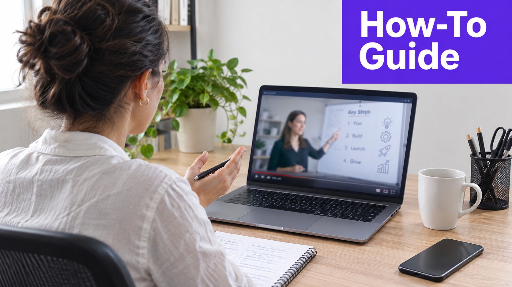 A woman sits at a desk watching a business tutorial video on a laptop while taking notes.