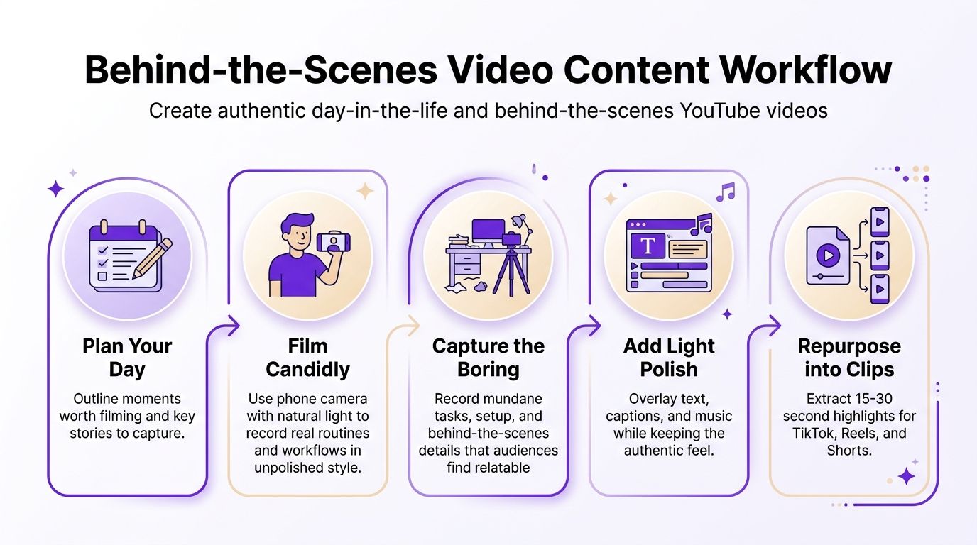 A five-step workflow infographic for creating authentic behind-the-scenes YouTube content and repurposing it into short clips.