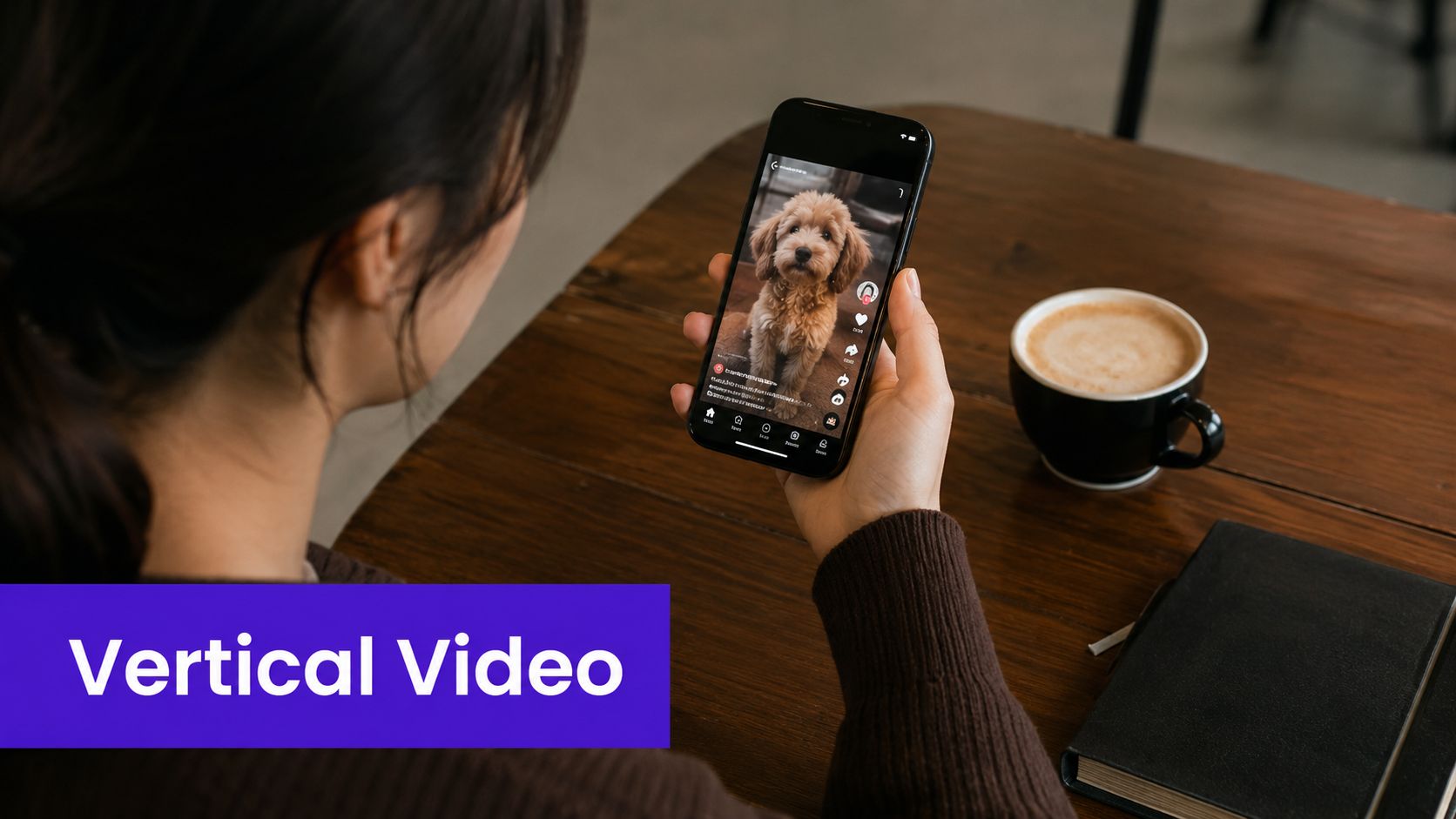 A woman holding a smartphone displaying a vertical short-form video of a puppy while sitting at a table.