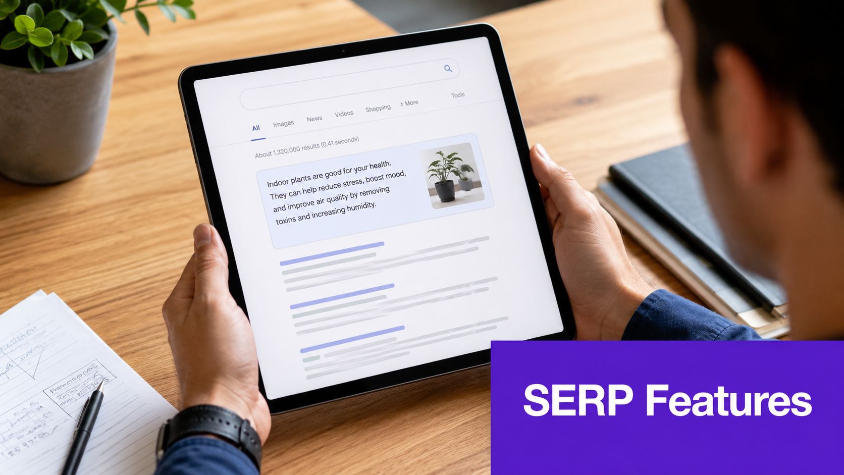 A person using a tablet to view search engine results page features with an informational snippet.