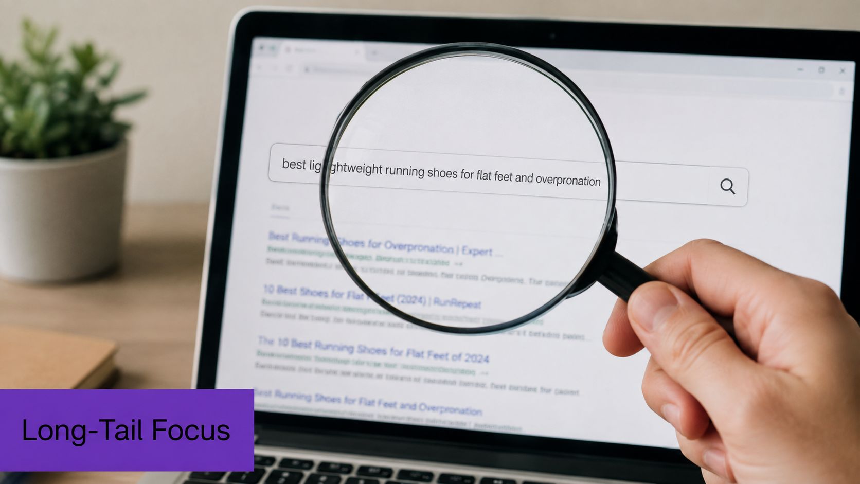 A magnifying glass focusing on a search bar showing long-tail keyword research for running shoe options.