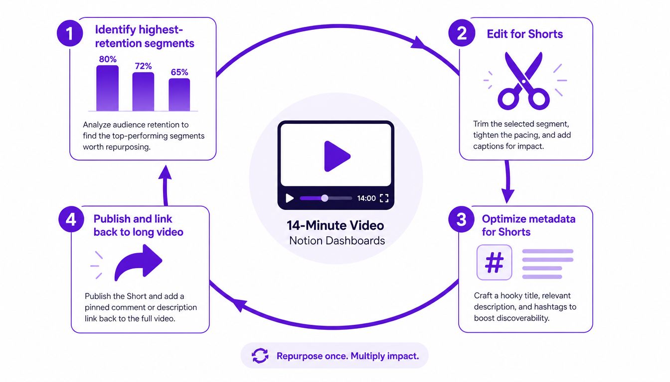 An infographic illustrating a four-step process for repurposing long-form YouTube videos into optimized short-form content.