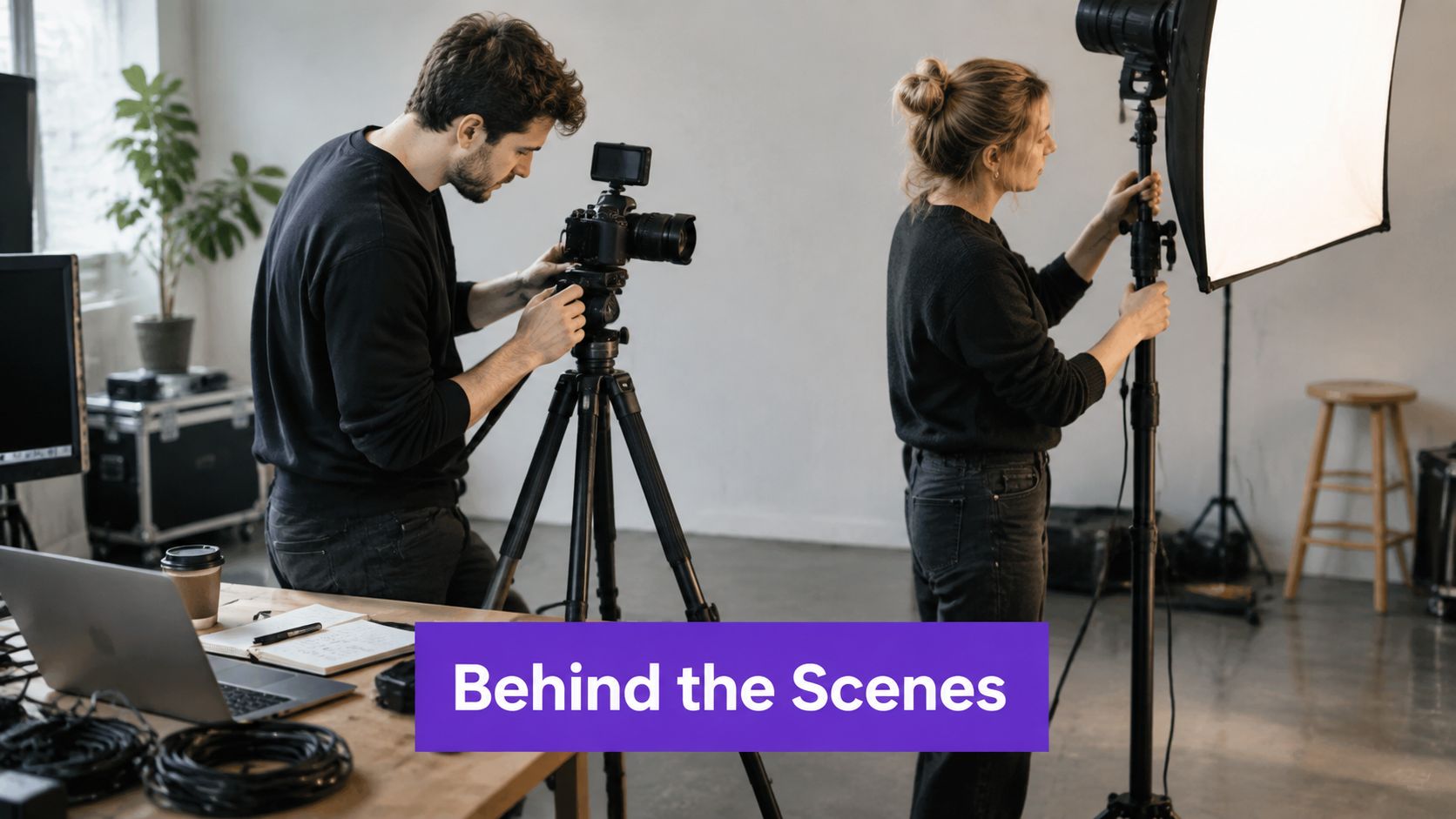 A videographer and a production assistant setting up professional camera equipment and lighting in a studio.
