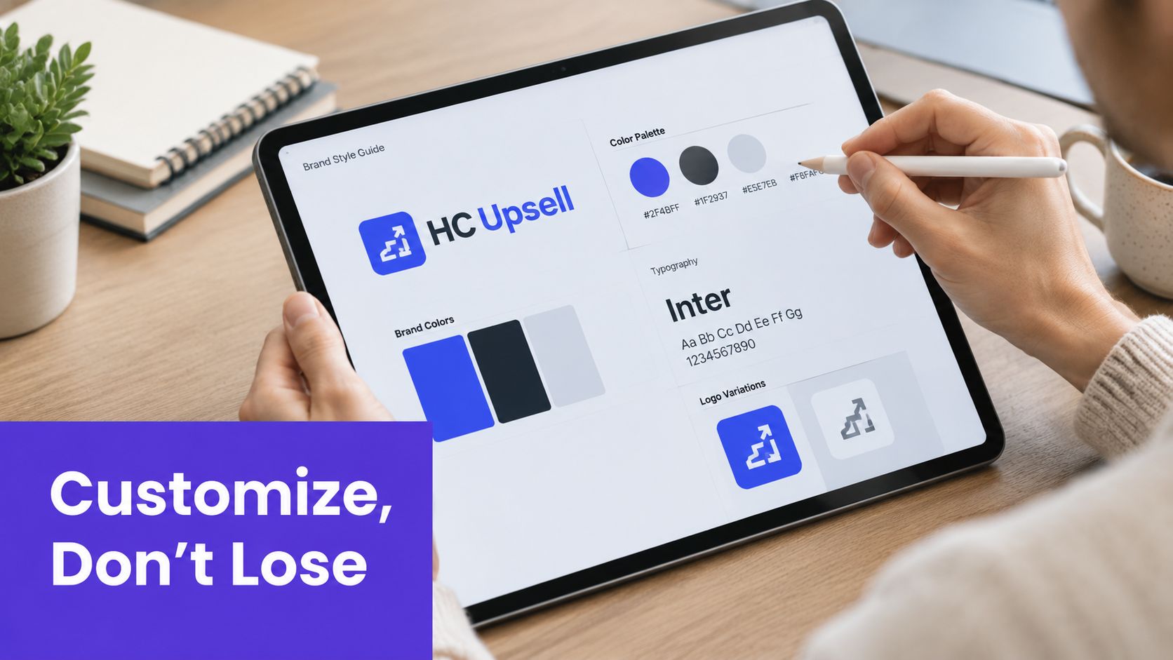 A designer's hand editing a brand style guide for HC Upsell on a tablet screen.