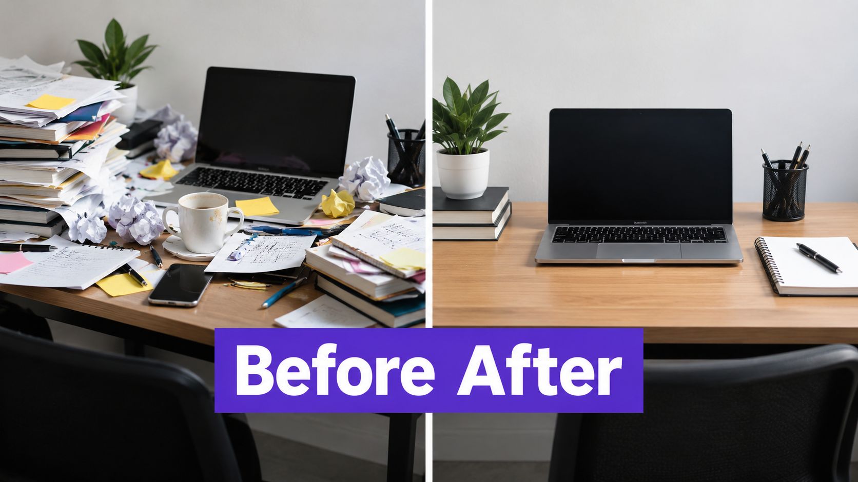 A comparison image showing a cluttered desk before organizing and a clean, minimalist workspace after tidying up.