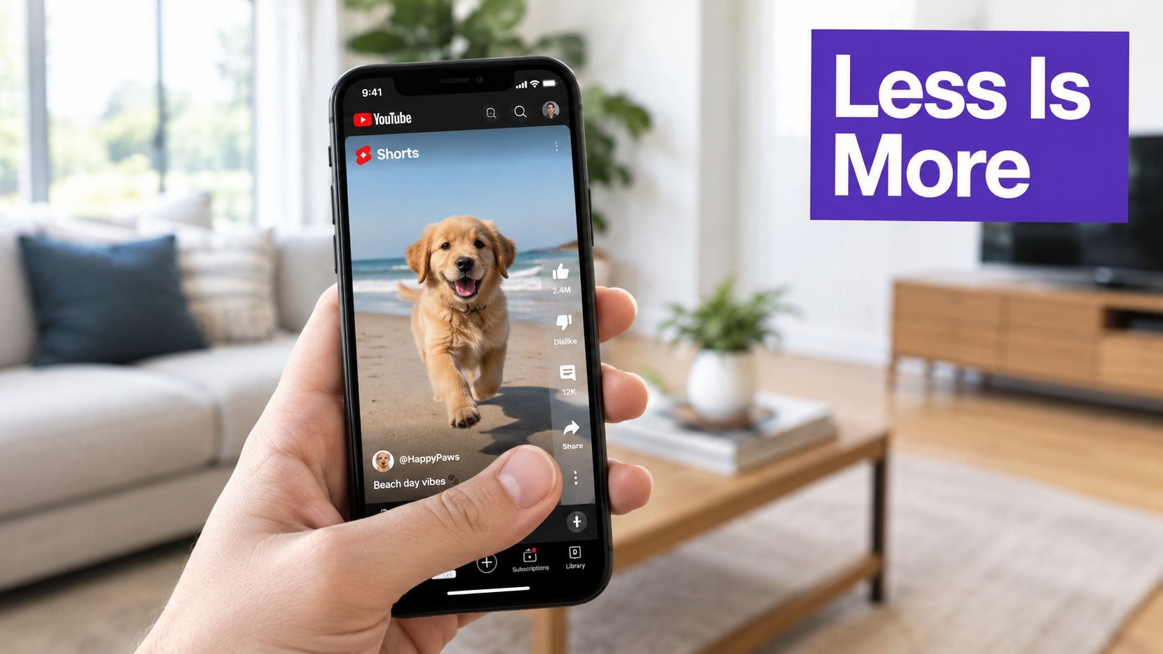 A person holding a smartphone displaying a YouTube Shorts video of a golden retriever puppy on a beach.