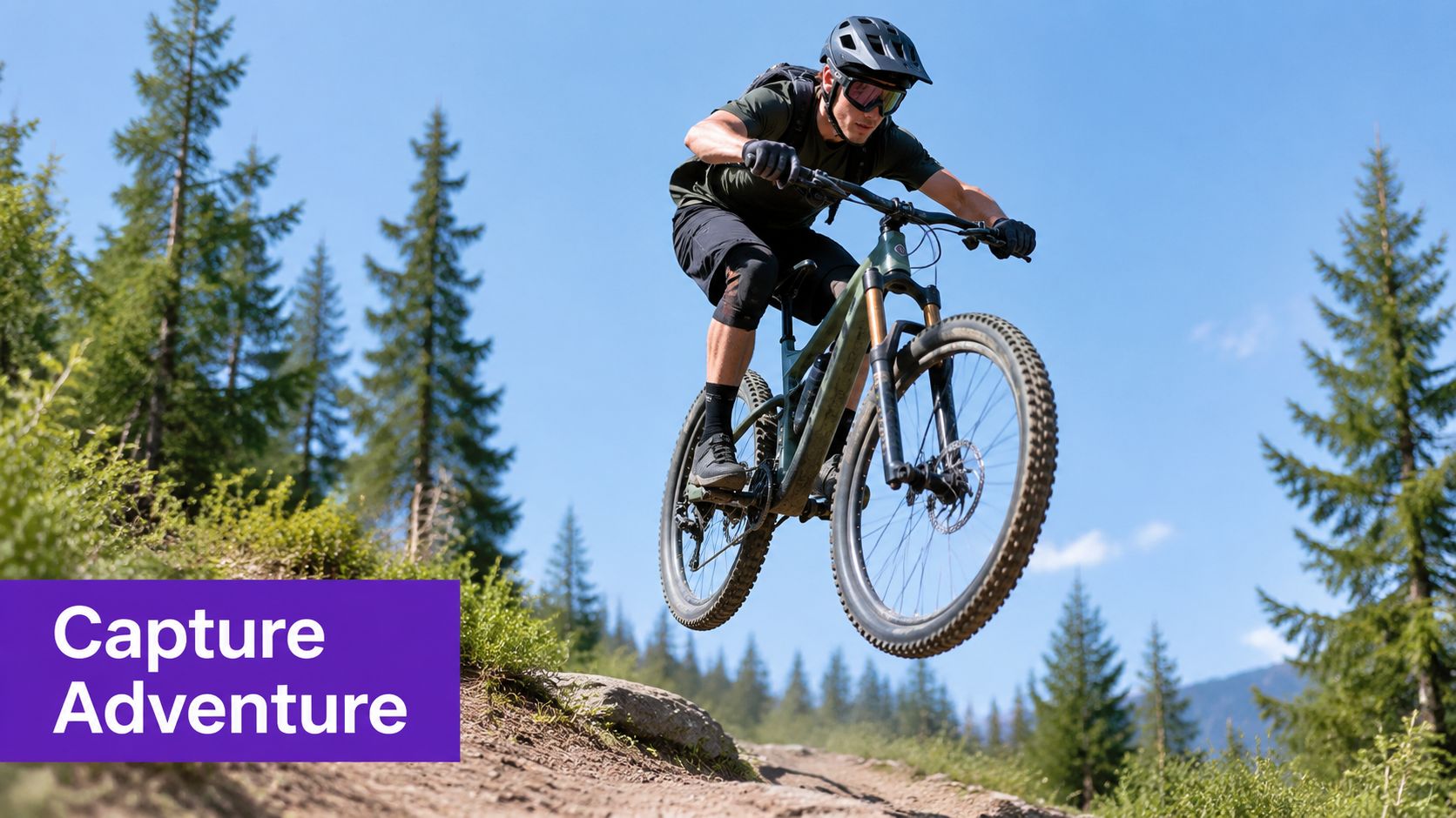 A mountain biker jumping off a dirt trail in a forest with a clear blue sky