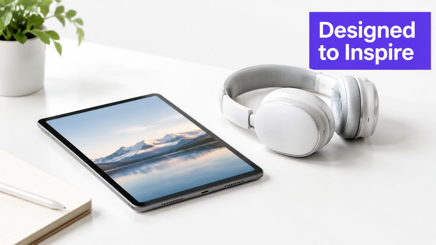 A modern workspace featuring a tablet, white headphones, and a notebook on a clean white desk.
