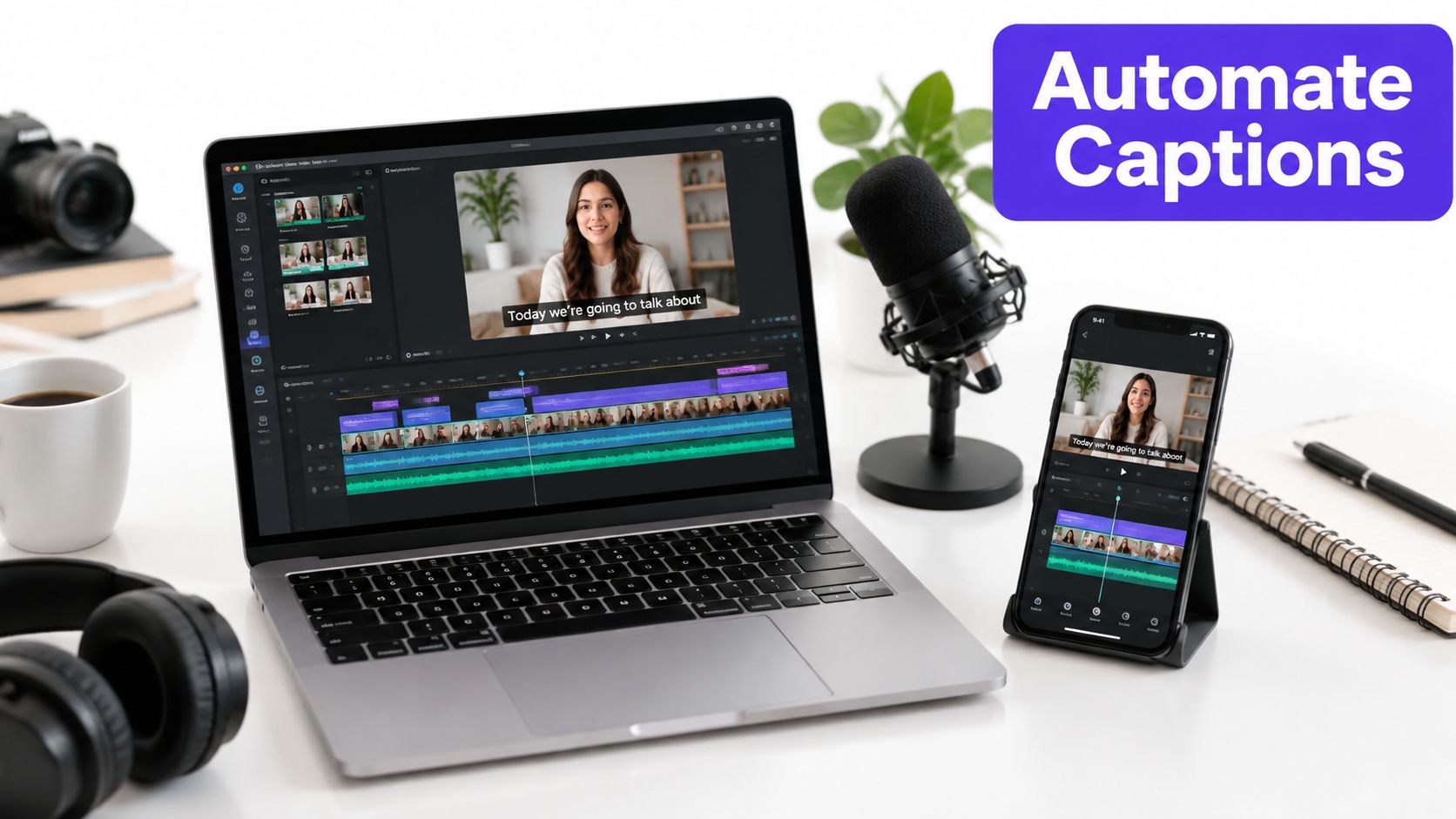 A laptop and smartphone displaying video editing software with automated caption features next to professional equipment.