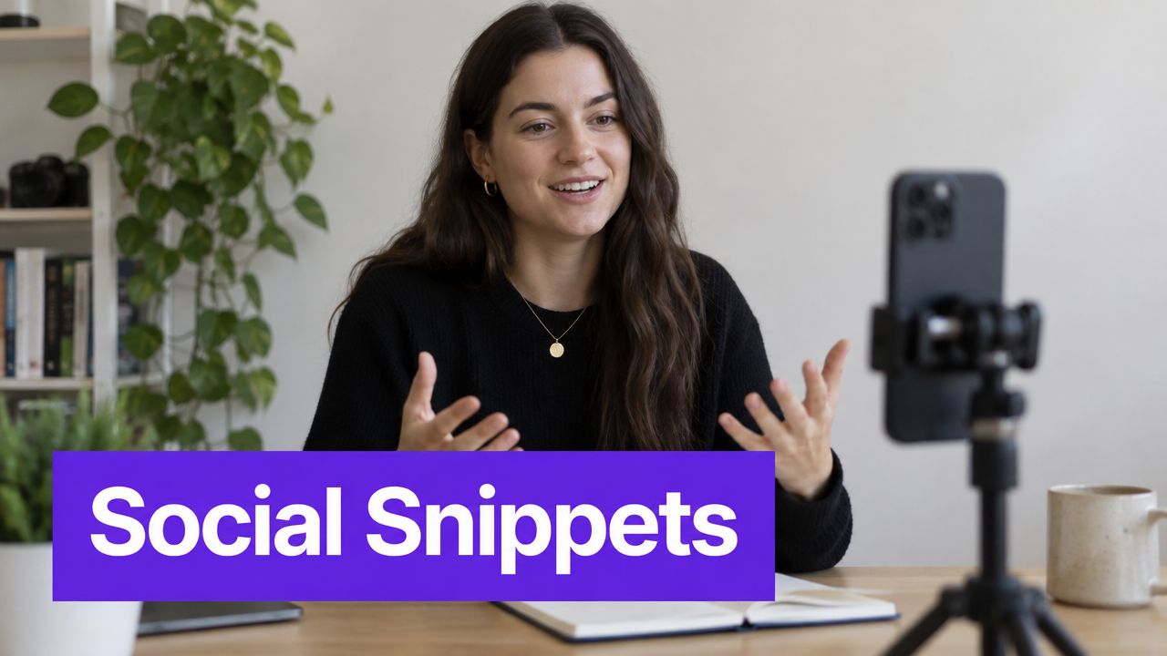 A young woman speaking to a smartphone camera on a tripod to create video social snippets.
