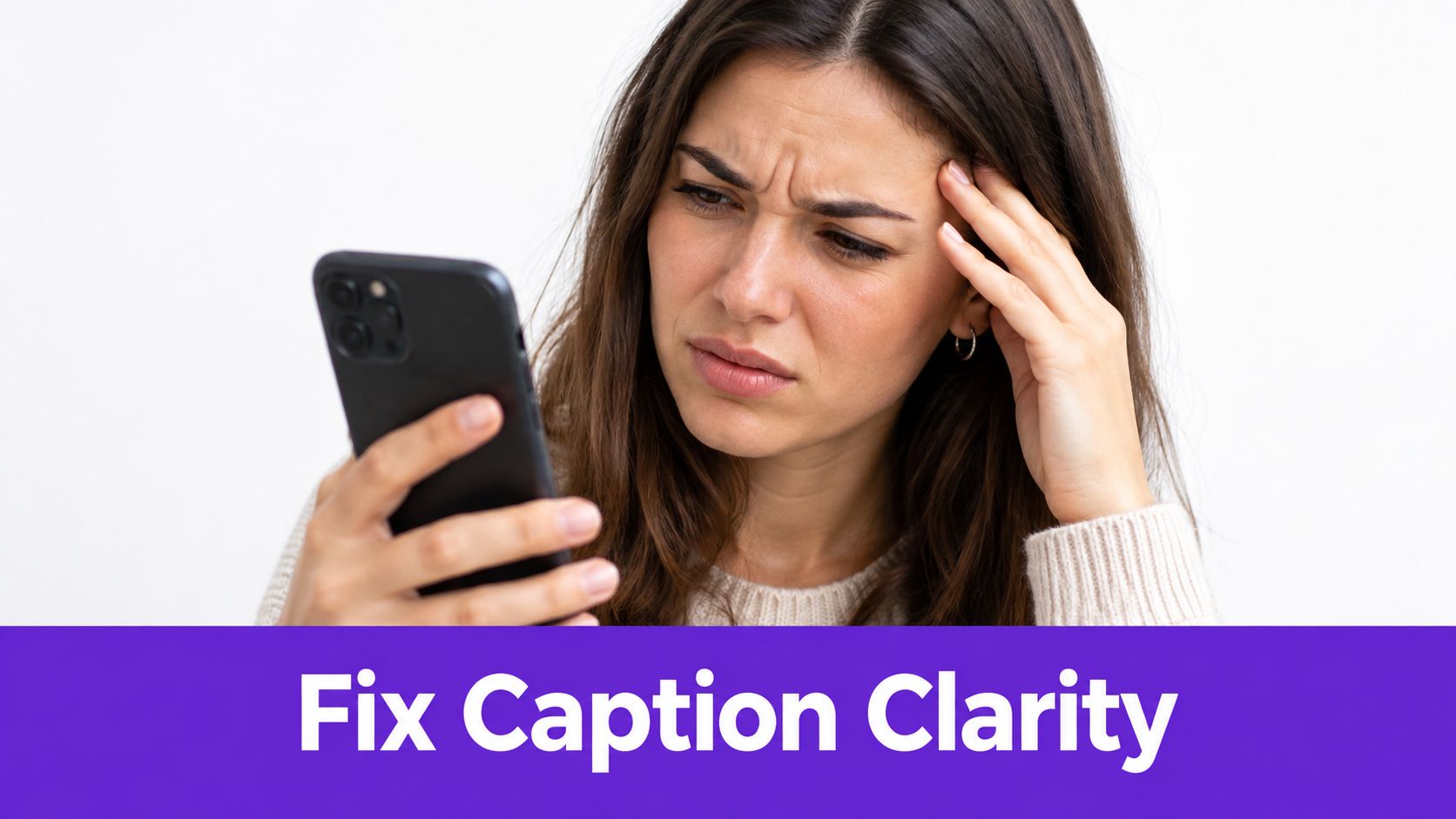 A concerned woman holding a smartphone and looking confused while reading content on her mobile device screen.