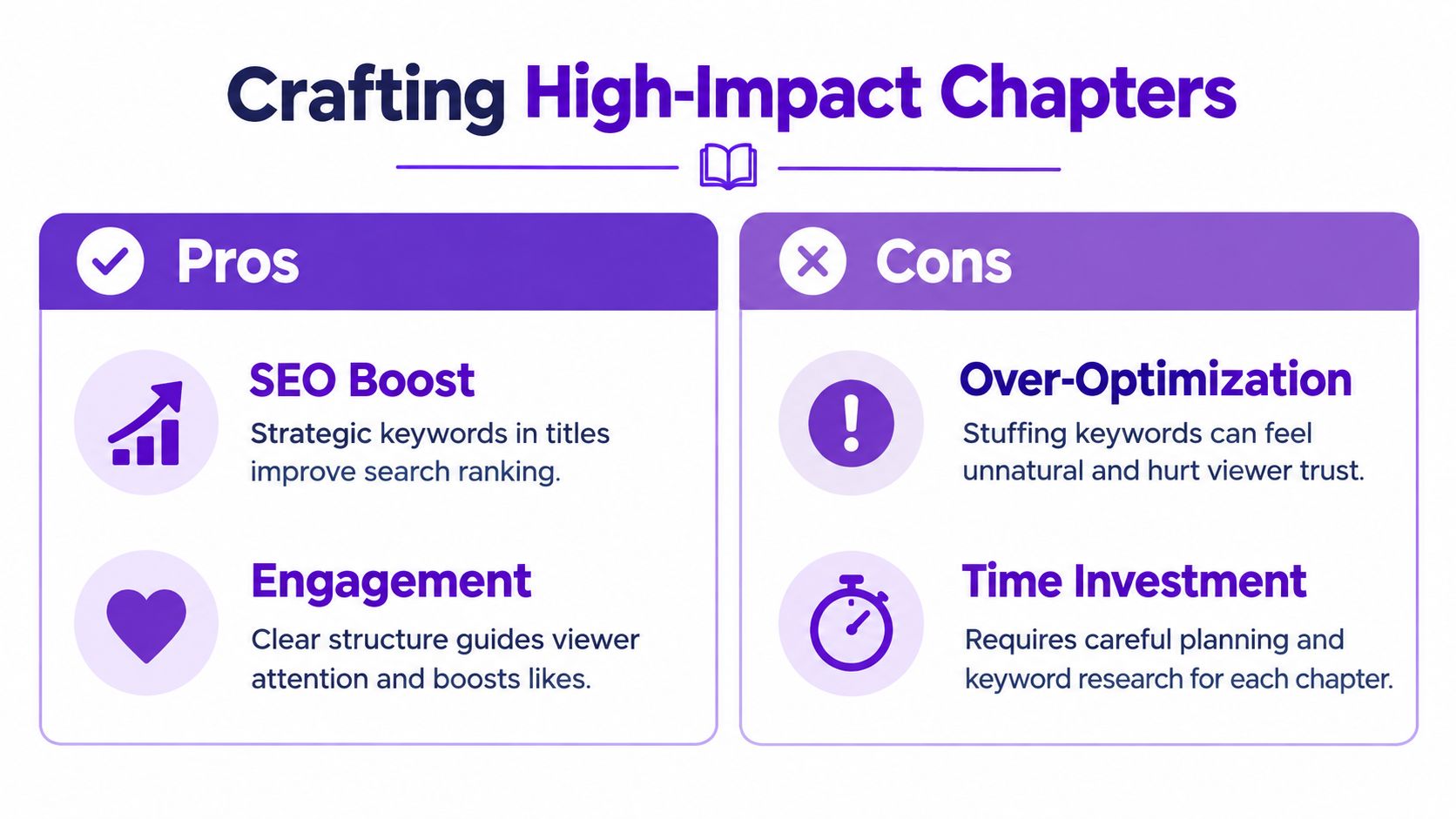 A comparison chart outlining the pros and cons of using chapters in YouTube videos to improve content.