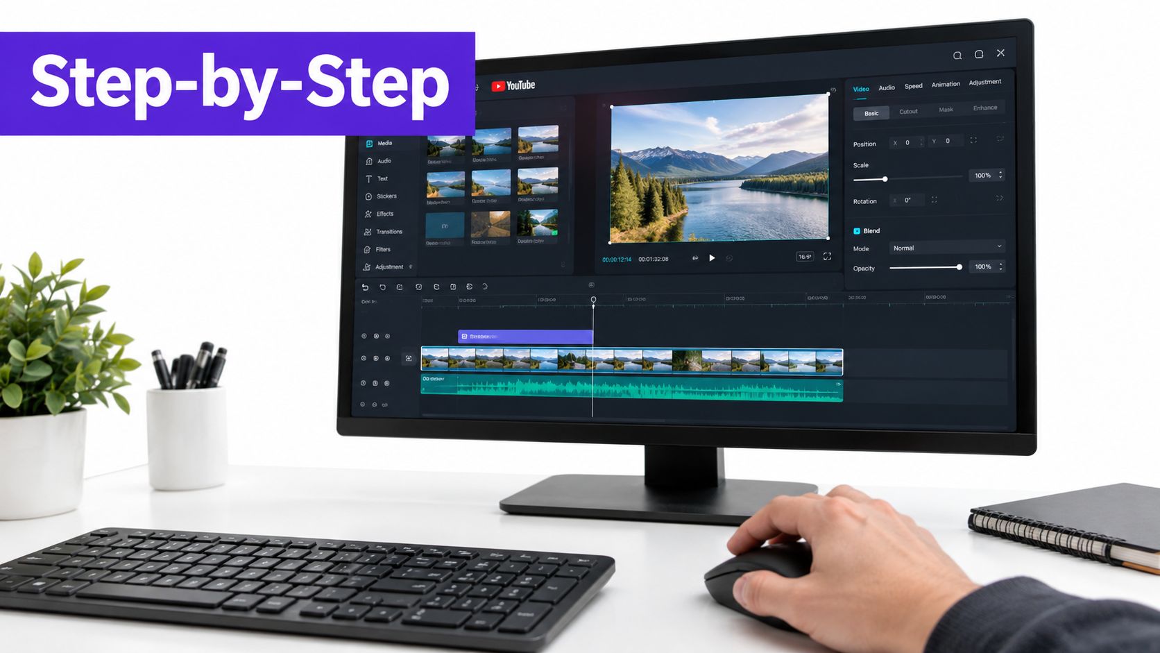 A person using professional video editing software on a computer to add chapters to a YouTube video.