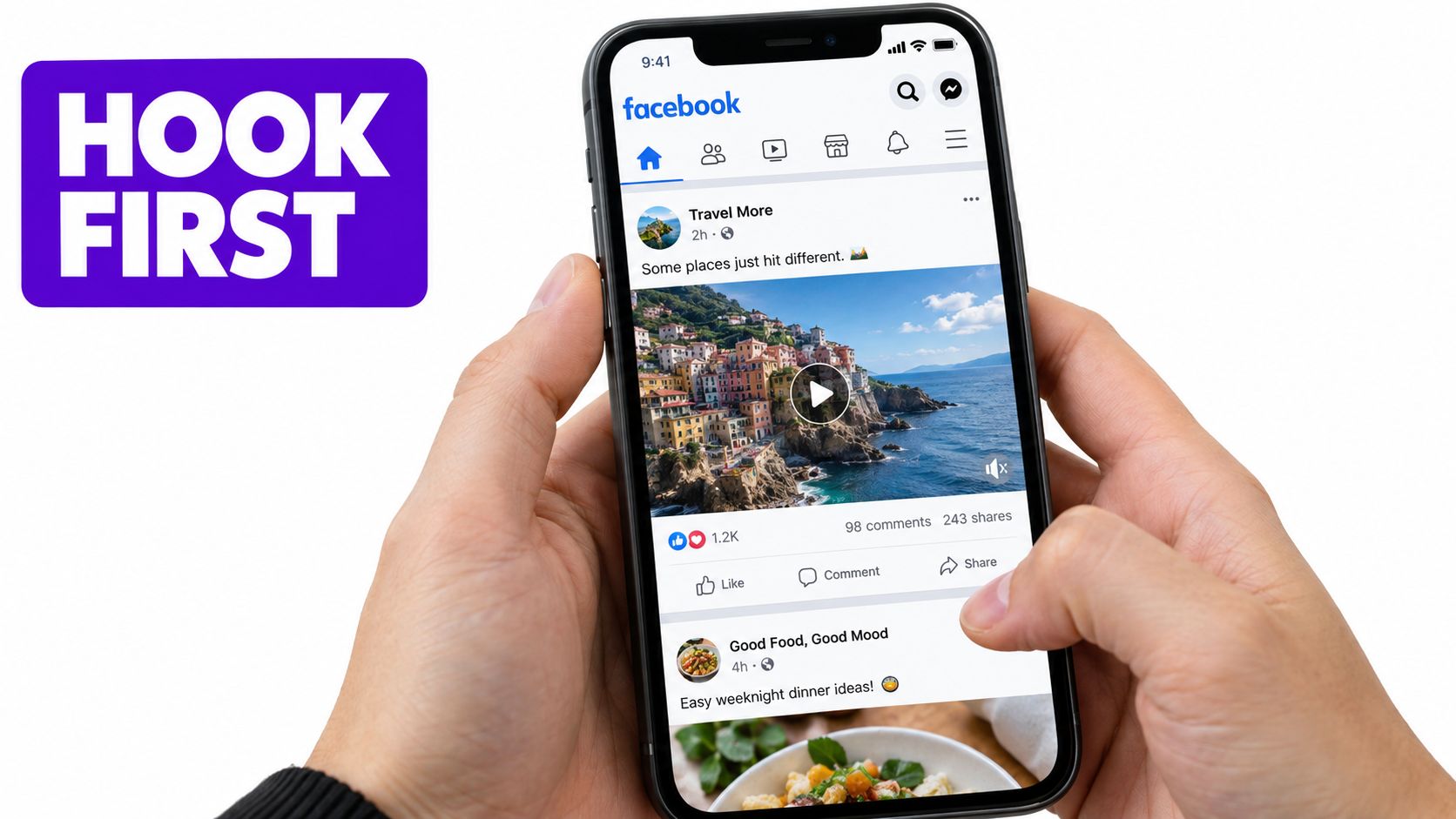 A person holding a smartphone showing a Facebook feed with a video post on the screen.