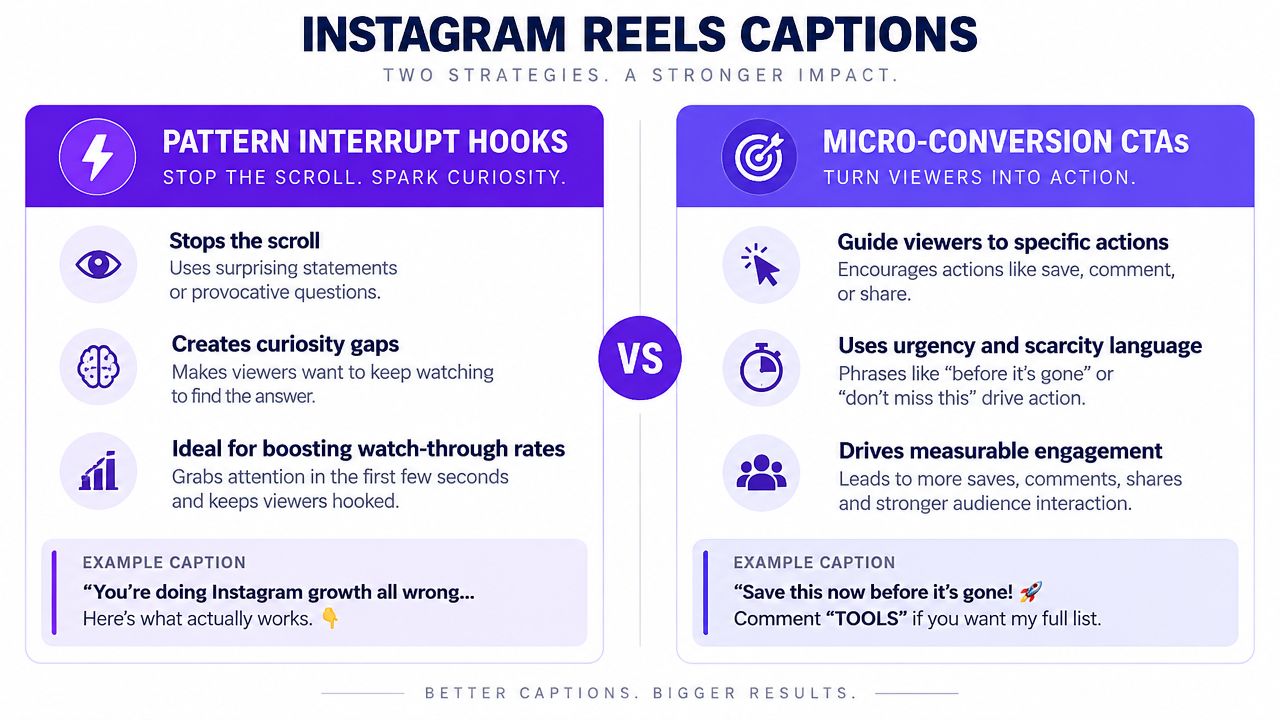 A graphic comparing two Instagram Reels caption strategies: Pattern Interrupt Hooks and Micro-Conversion CTAs for better engagement.